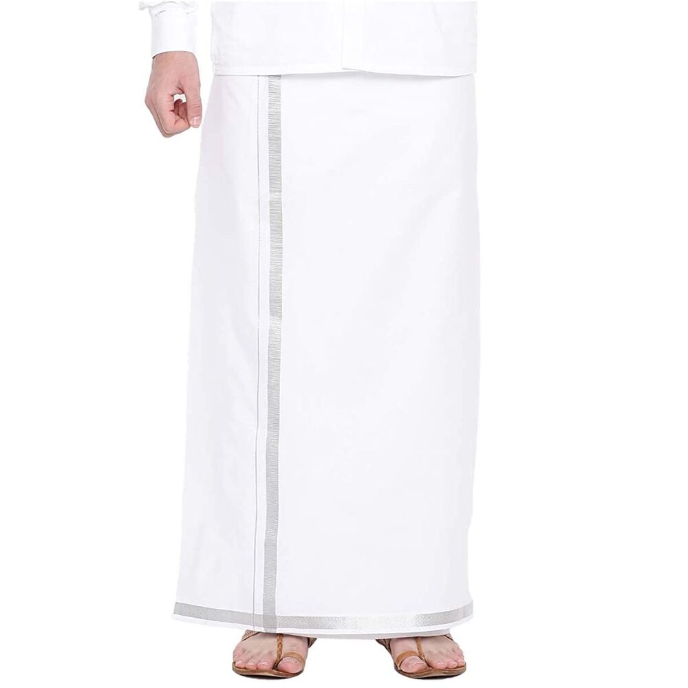 Kolakeer Men's Cotton Dhoti White Silver Zari Border Veshti Mundu 3.6 Mtrs